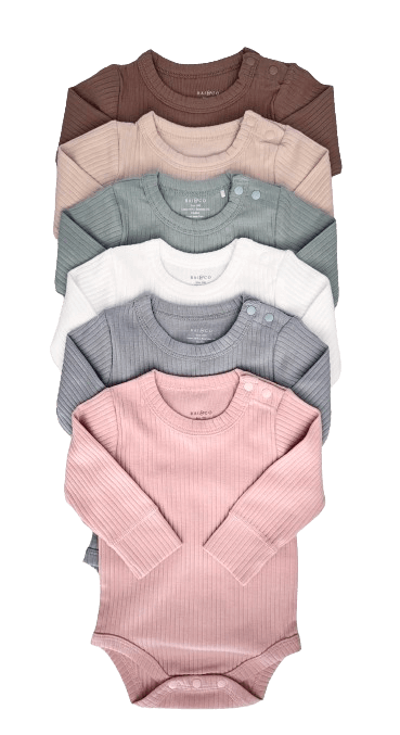 Stack of Baby Girl Basic Longsleeve Bodysuit Bundle in Available Colours on a clear background