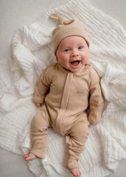 A baby wearing a Apple Onesie in Dark Beige, lying on a textured white blanket.