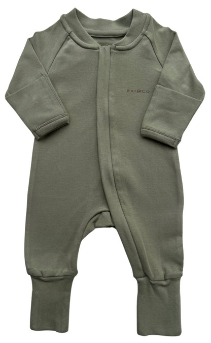 Apple Onesie in Olive Green on a white background