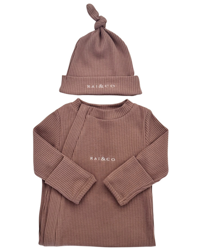 Brown ribbed baby outfit with matching Baby Beanie Ribbed Knotted in Caramel on a white background