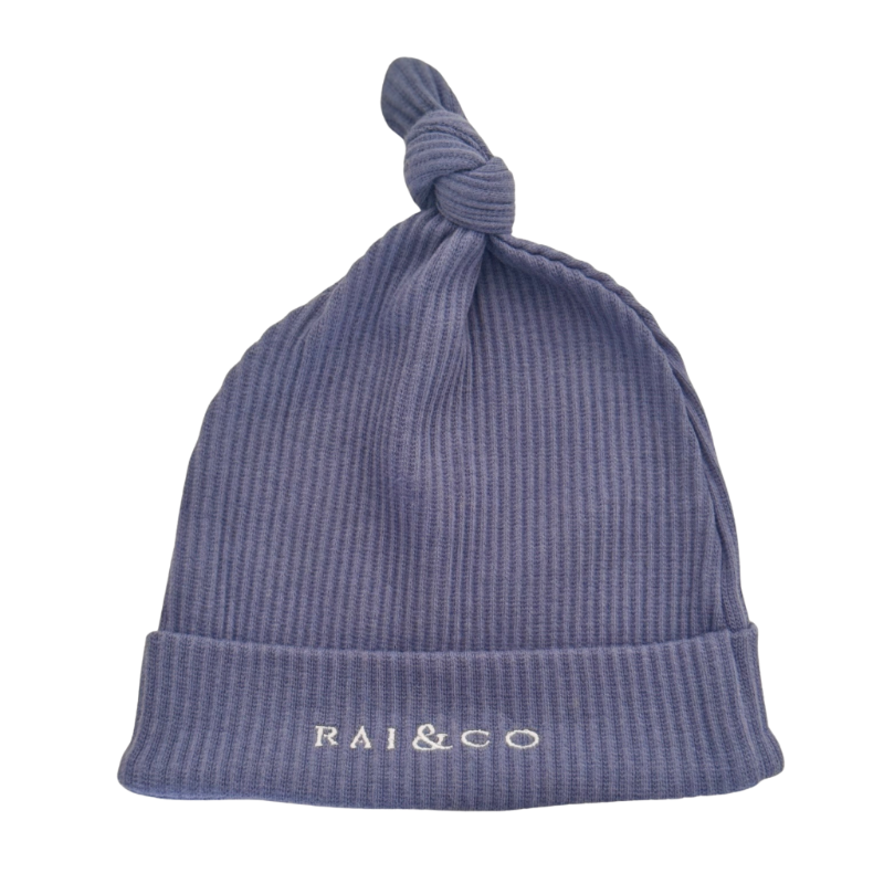 Baby Beanie Ribbed Knotted in Royal Blue and 'RAI&CO' branding on a white background