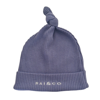 Baby Beanie Ribbed Knotted in Royal Blue and 'RAI&CO' branding on a white background