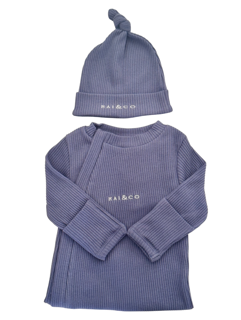 Blue baby outfit with Baby Beanie Ribbed Knotted in Royal Blue on a white background