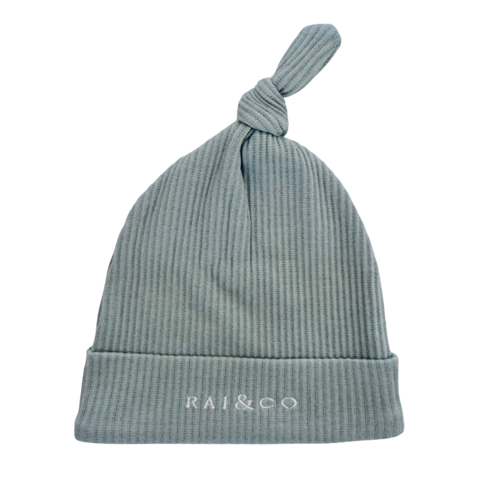 Sage Baby Beanie Ribbed Knotted