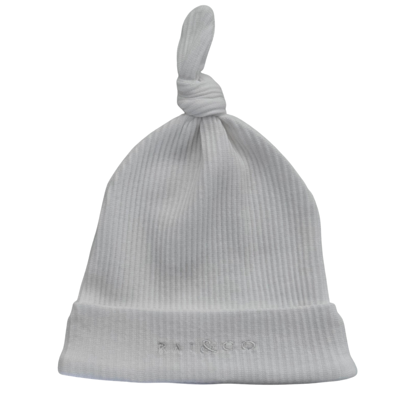 Baby Beanie Ribbed Knotted in White  on a white background