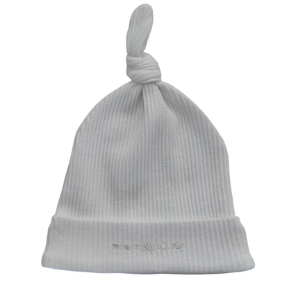 Baby Beanie Ribbed Knotted in White  on a white background