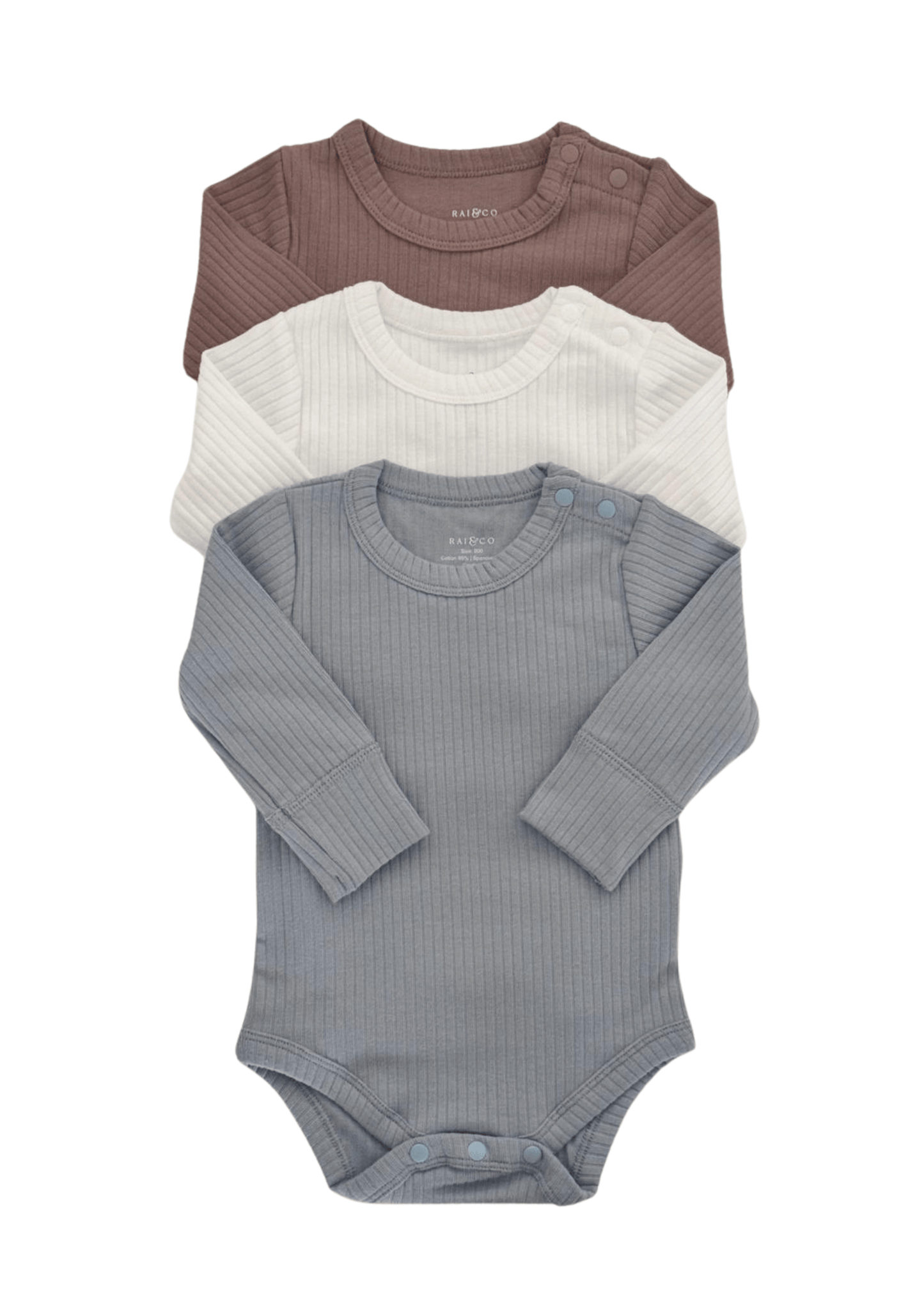 Three Baby Boy Basic Longsleeve Bodysuit Bundle in Dusty Blue, White & Caramel on a white background