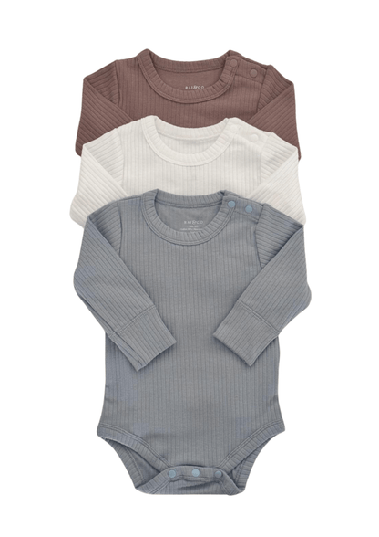 Three Baby Boy Basic Longsleeve Bodysuit Bundle in Dusty Blue, White & Caramel on a white background