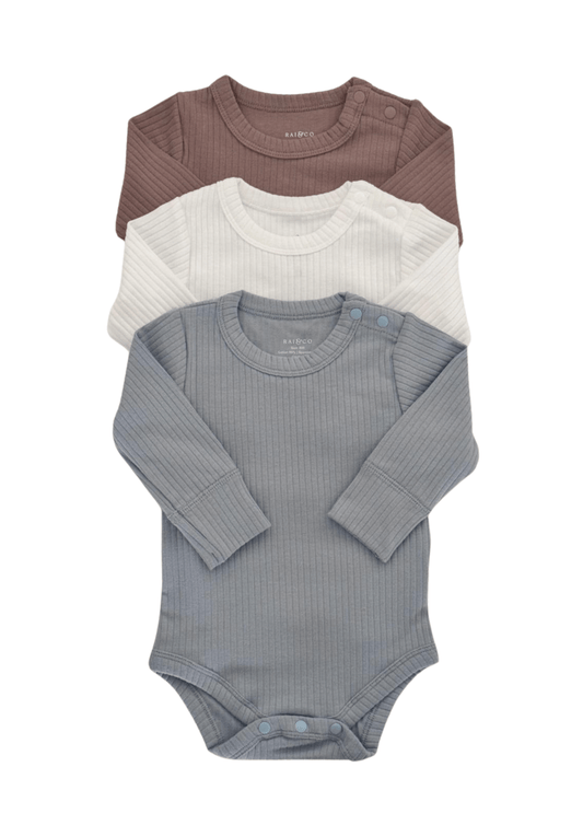 Three Baby Boy Basic Longsleeve Bodysuit Bundle in Dusty Blue, White & Caramel on a white background