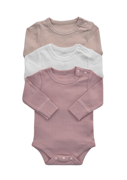 Baby Girl Basic Longsleeve Bodysuit in Pink, Beige & White colours on a white background