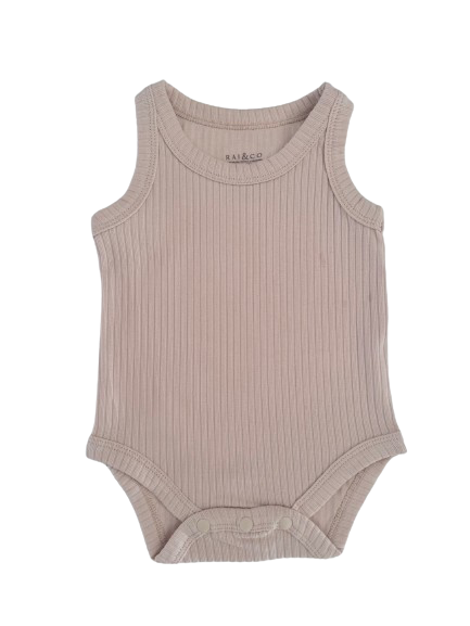 Basic Singlet Bodysuit in Beige on a white background