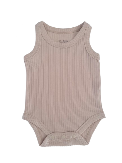 Basic Singlet Bodysuit in Beige on a white background