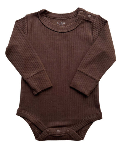 Basics Long Sleeve Bodysuit in Chocolate on a white background