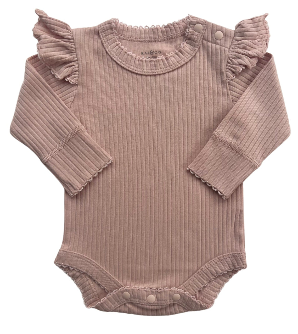 Frill Basic Long Sleeve Bodysuit in Beige on a white background