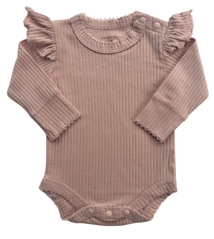 Frill Basic Long Sleeve Bodysuit in Beige on a white background