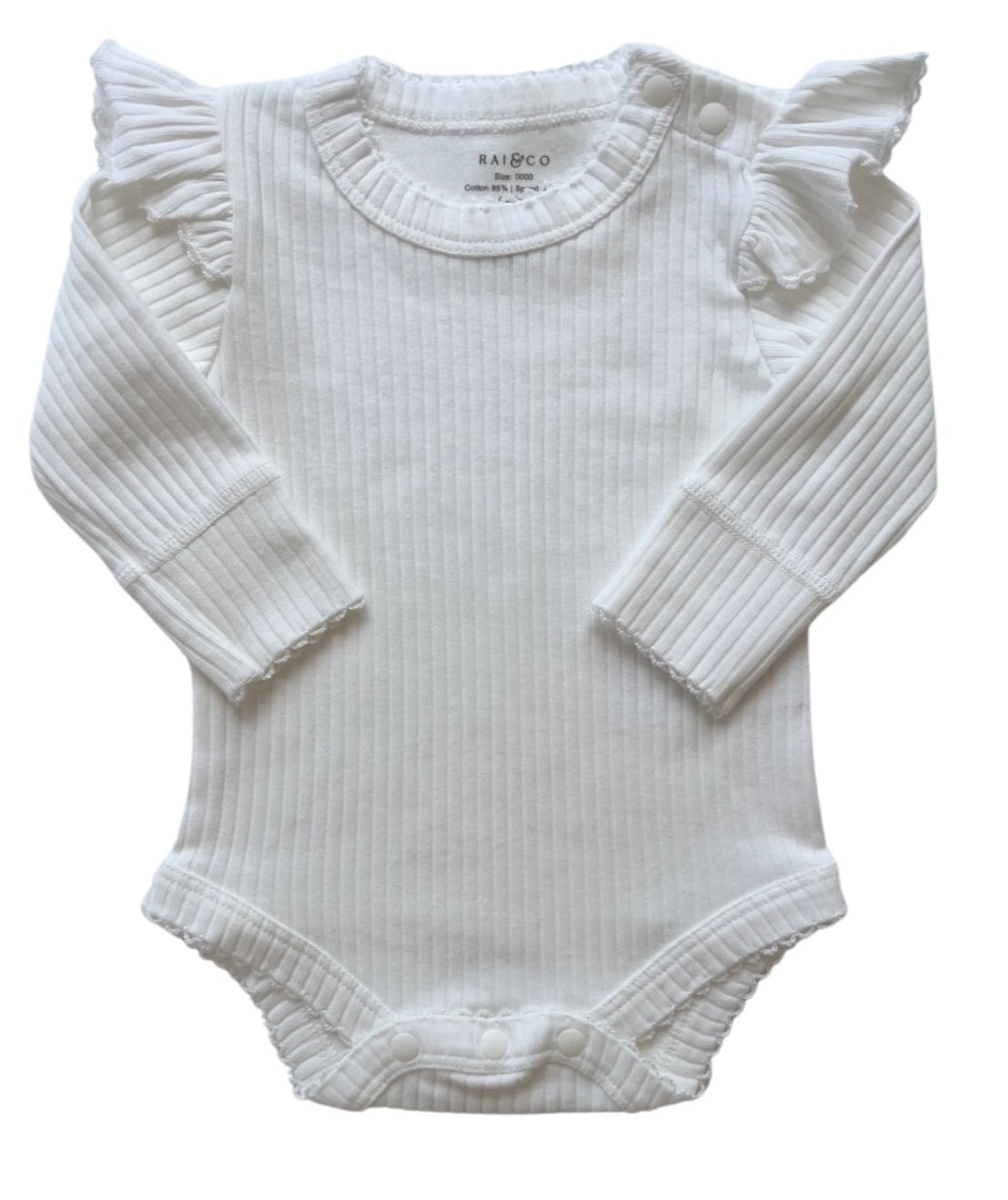 Frill Basic Long Sleeve Bodysuit in White on a white background 