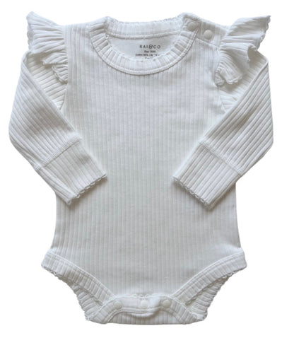 Frill Basic Long Sleeve Bodysuit in White on a white background 
