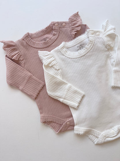 Frill Basic Long Sleeve Bodysuit in White and Beige on a white background