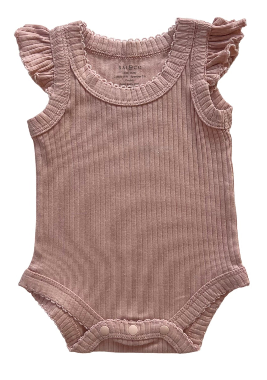 Frill Basic Singlet Bodysuit in Pink on a white background