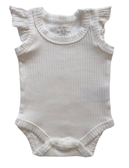 Frill Basic Singlet Bodysuit in White on a white background. 