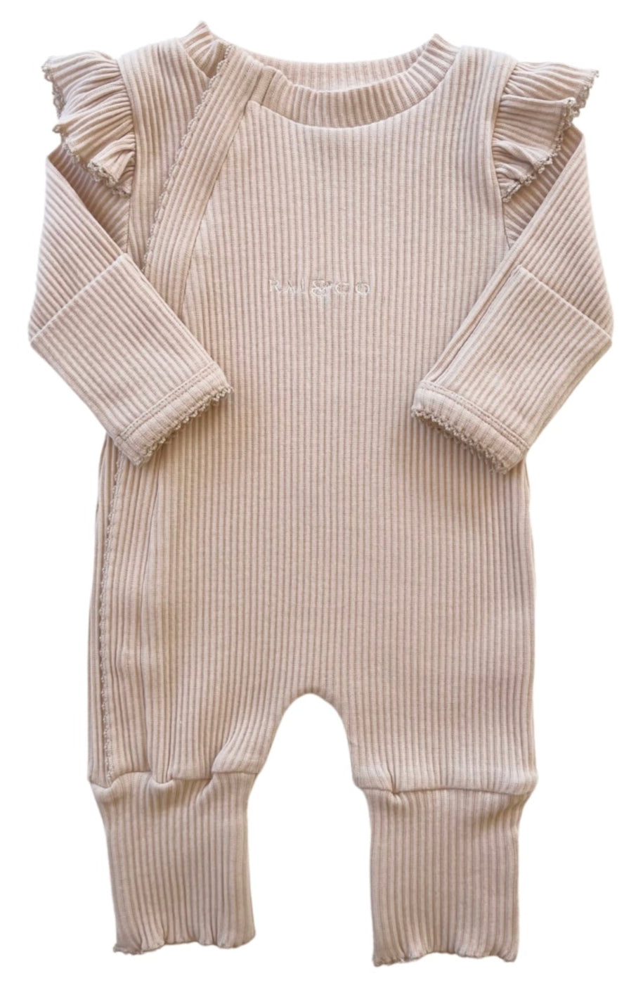 Frill Ribbed Onesie in Beige on a white background