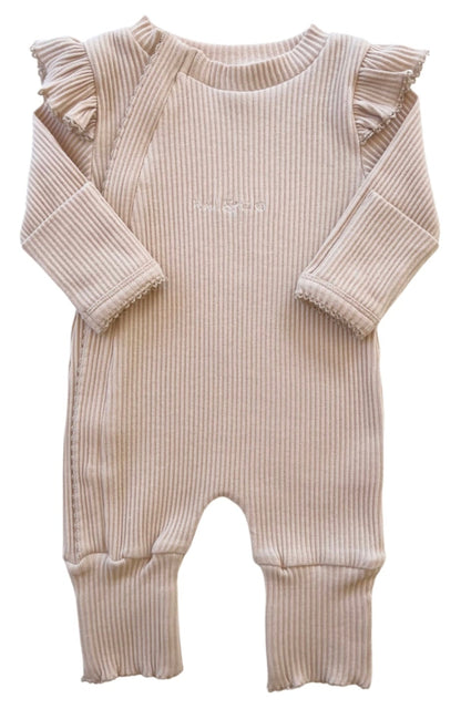 Frill Ribbed Onesie in Beige on a white background