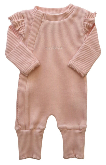 Frill Ribbed Onesie Light in Pink on a white background 