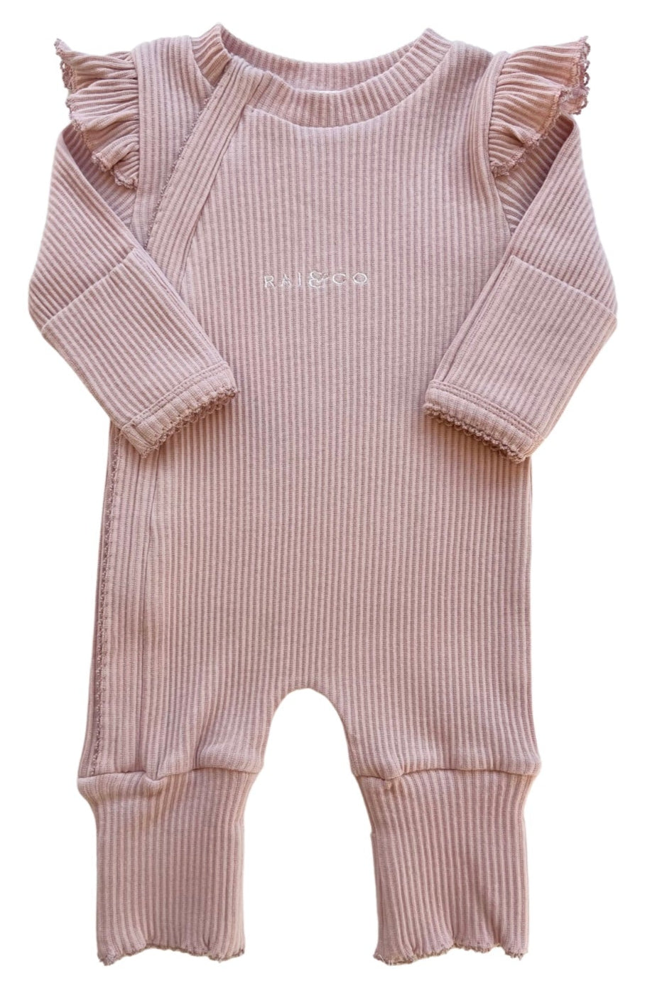 Frill Ribbed Onesie in Powder Pink on a white background
