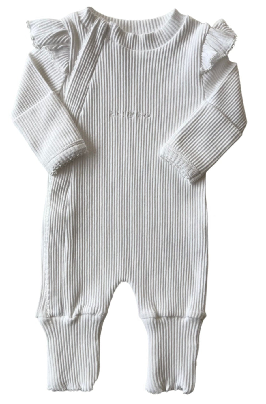 Frill Ribbed Onesie in White  on a white background