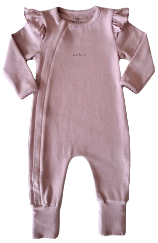 Frilled Apple Onesie Rose in Pink on a checkerboard transparency pattern background. 