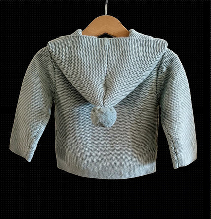 Hooded Knit in Blue in a wooden hanger against a black background