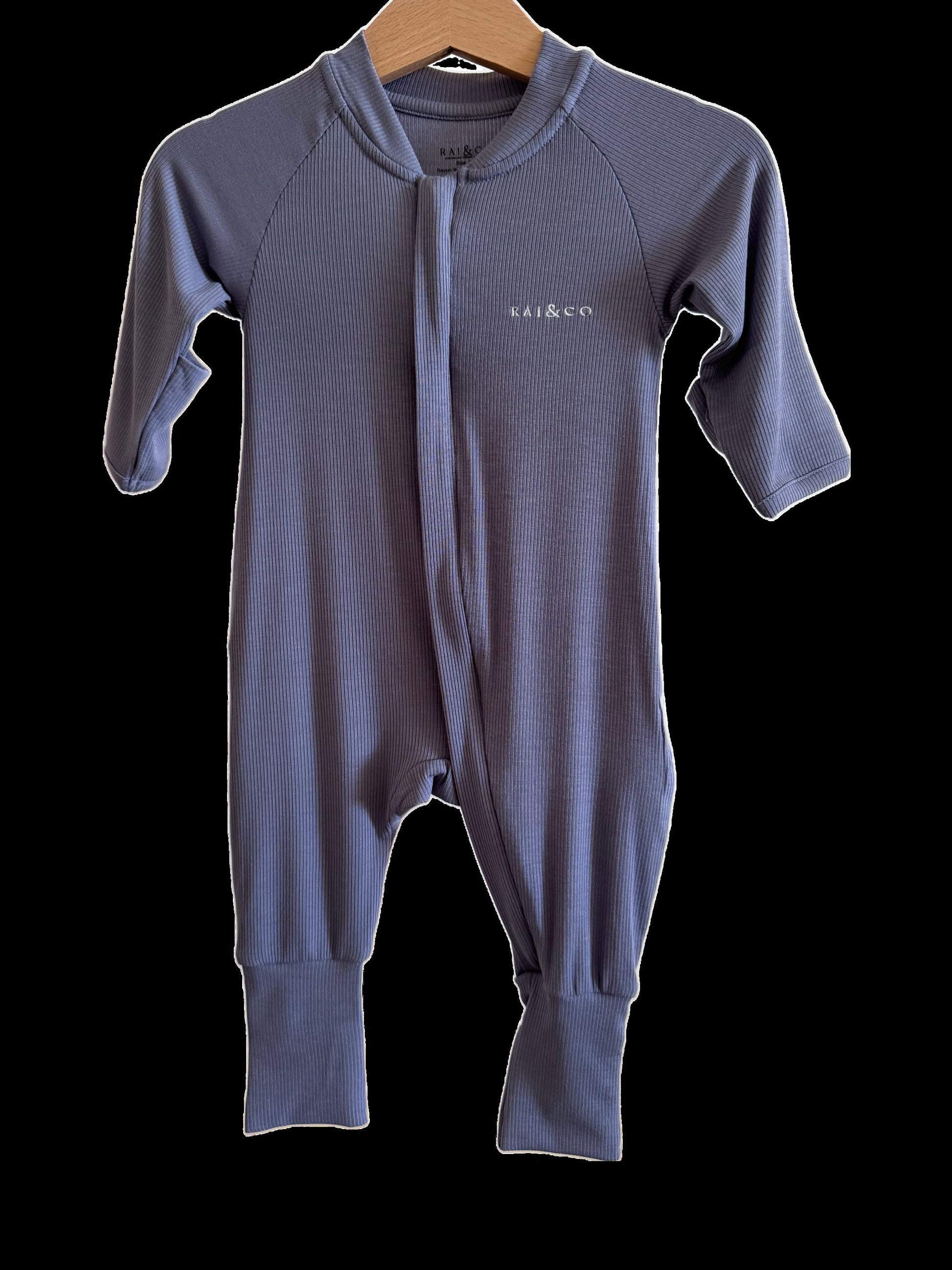 Lightweight Eco Onesie in Blue in a checkerboard transparency pattern background