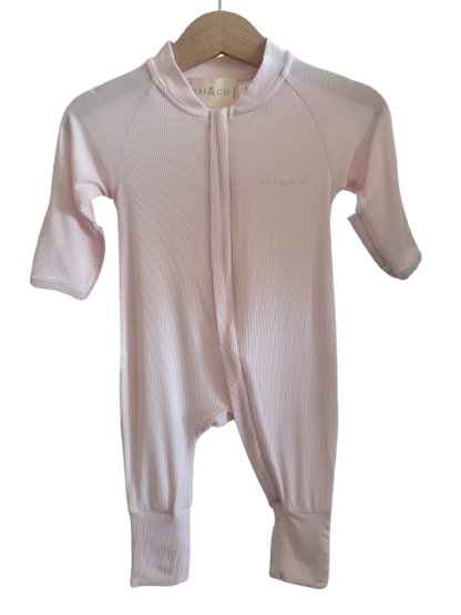 Lightweight Eco Onesie in Pink in a checkerboard transparency pattern background