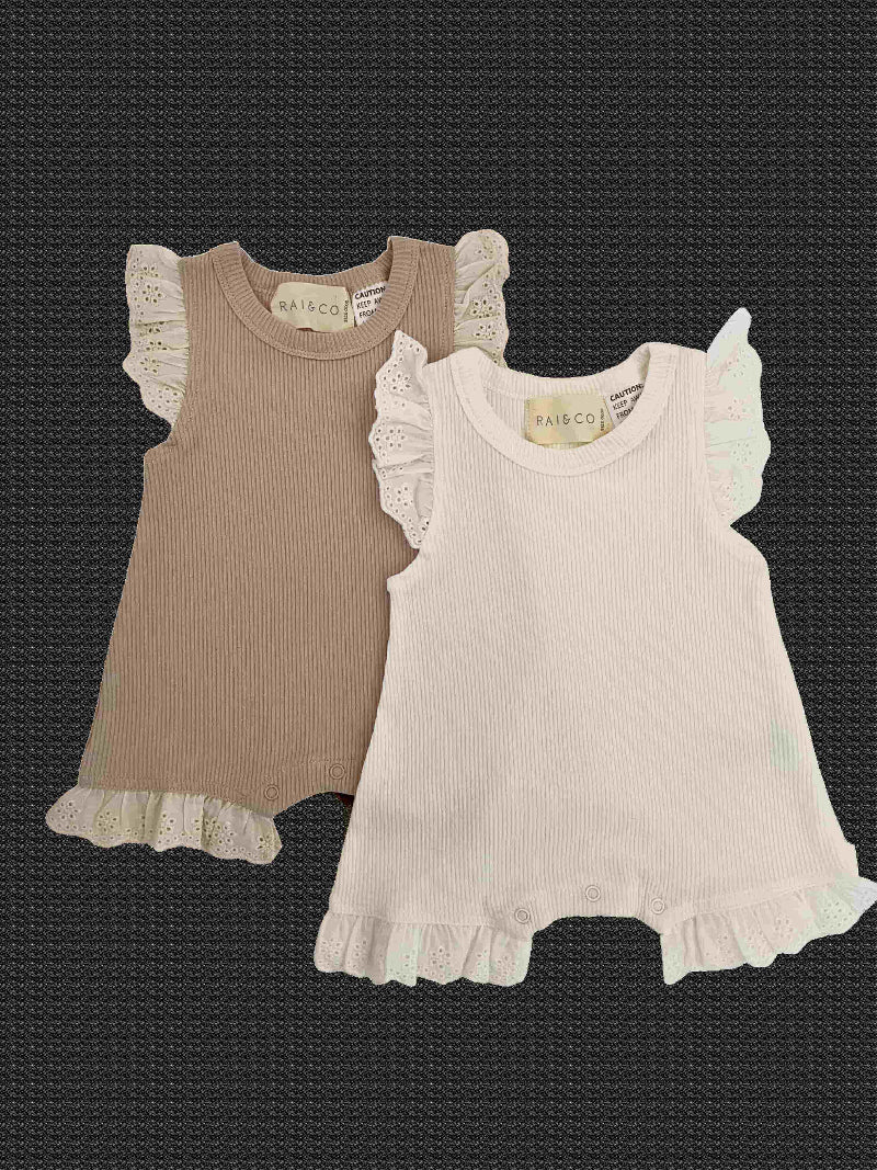 Mini Ribbed Lace Frill Romper in Available Colours
