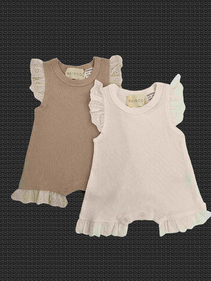Mini Ribbed Lace Frill Romper in Available Colours