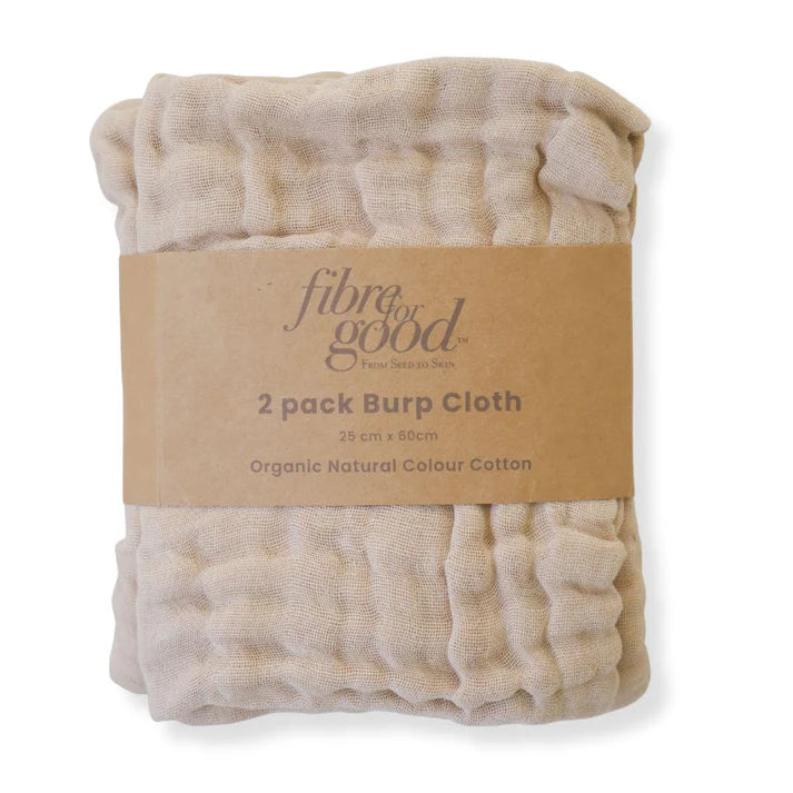 A rolled up Organic Undyed Cotton Muslin Burp Cloth in Brown with the brand name 'Fibre for Good' on a brown label, indicating it's a 2 pack burp cloth set, measuring 25cm x 60cm.