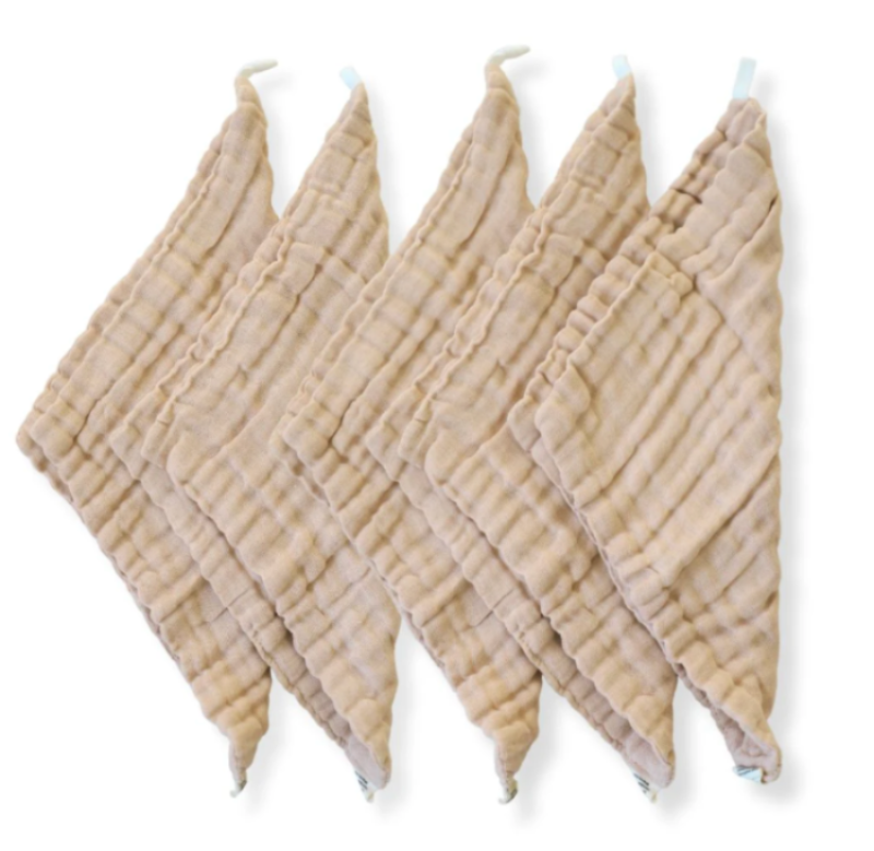 Set of Organic Undyed Cotton Reusable Wipes 5 pack hanging on a white background