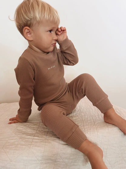 Boy wearing Ribbed Two Piece Set in Caramel