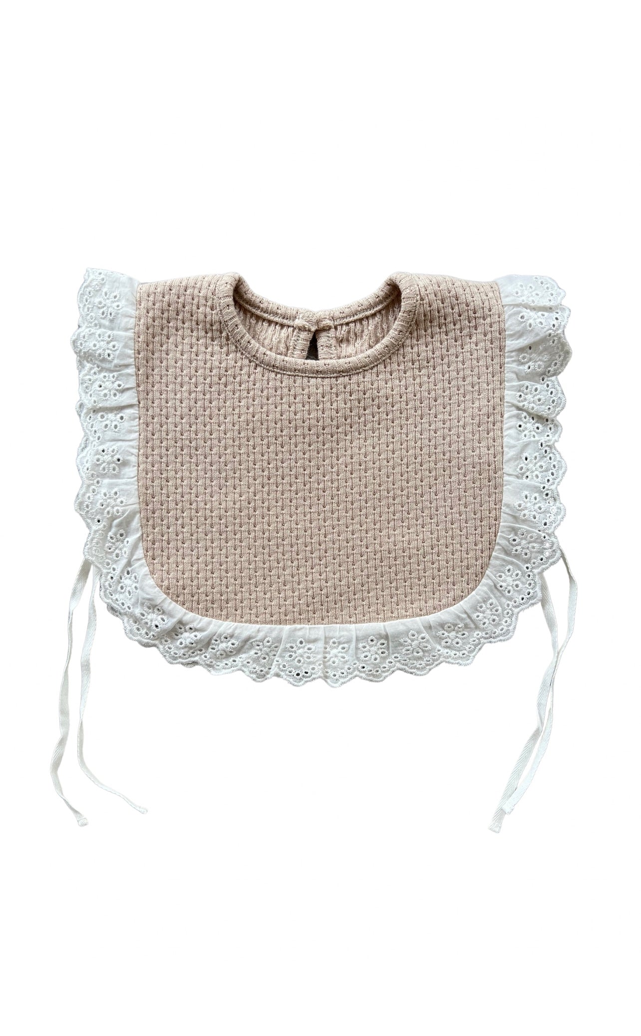 Knitted Lace Frill Bib in Beige on a white background