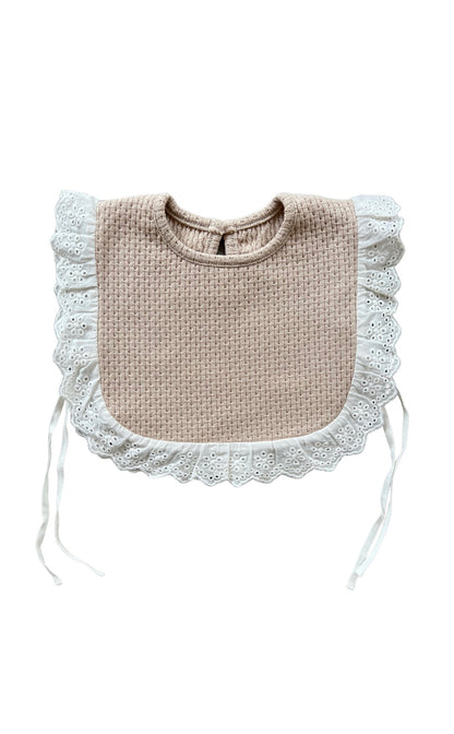 Knitted Lace Frill Bib in Beige on a white background