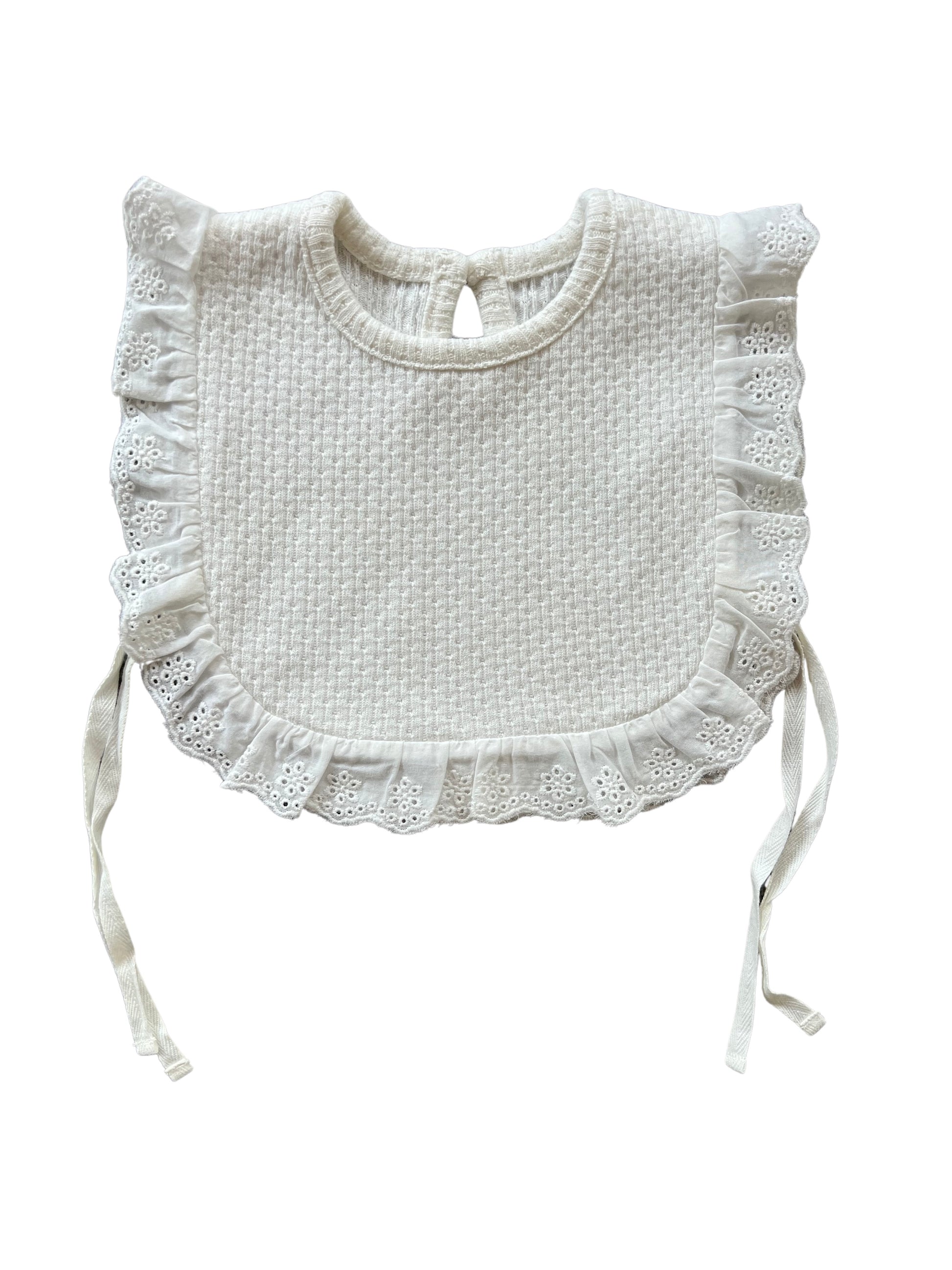 Knitted Lace Frill Bib in White on a white background