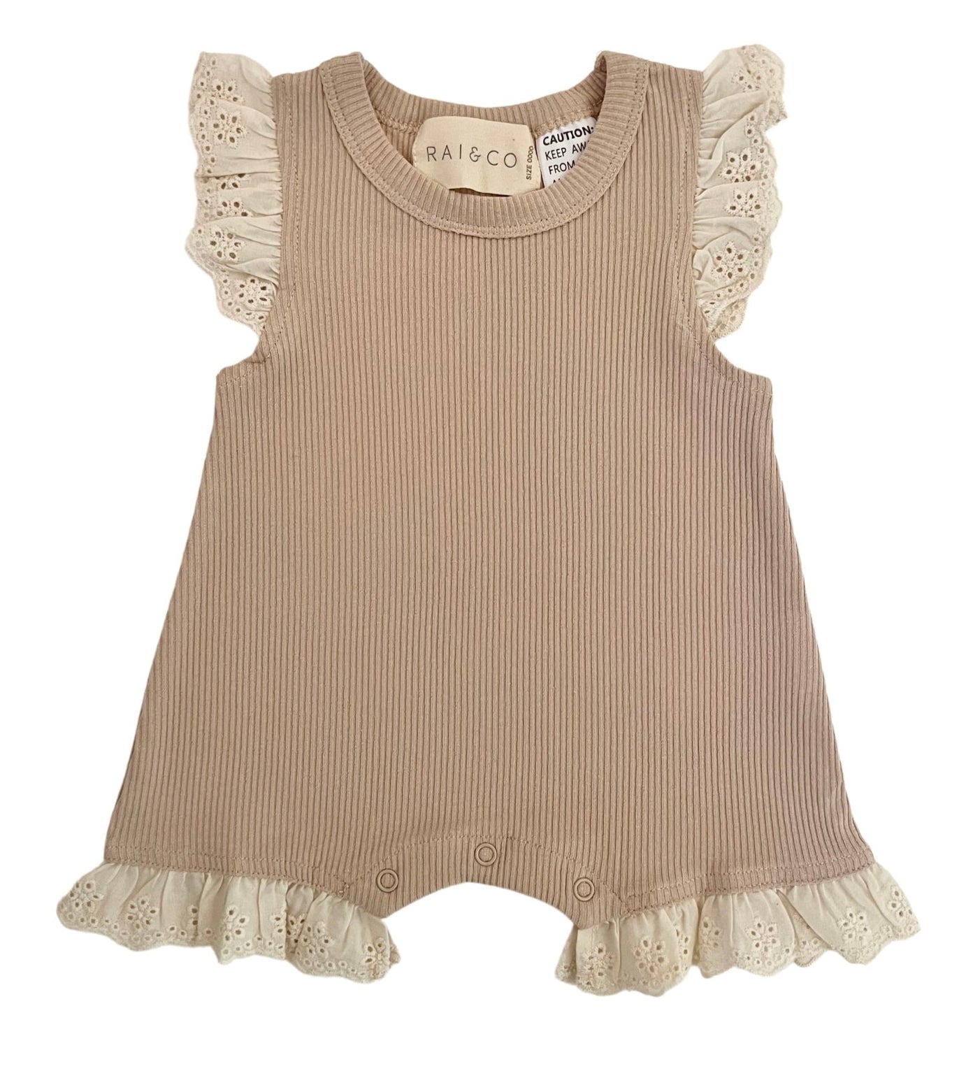 Mini Ribbed Lace Frill Romper in Beige on a white background
