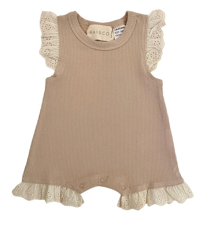 Mini Ribbed Lace Frill Romper in Beige on a white background