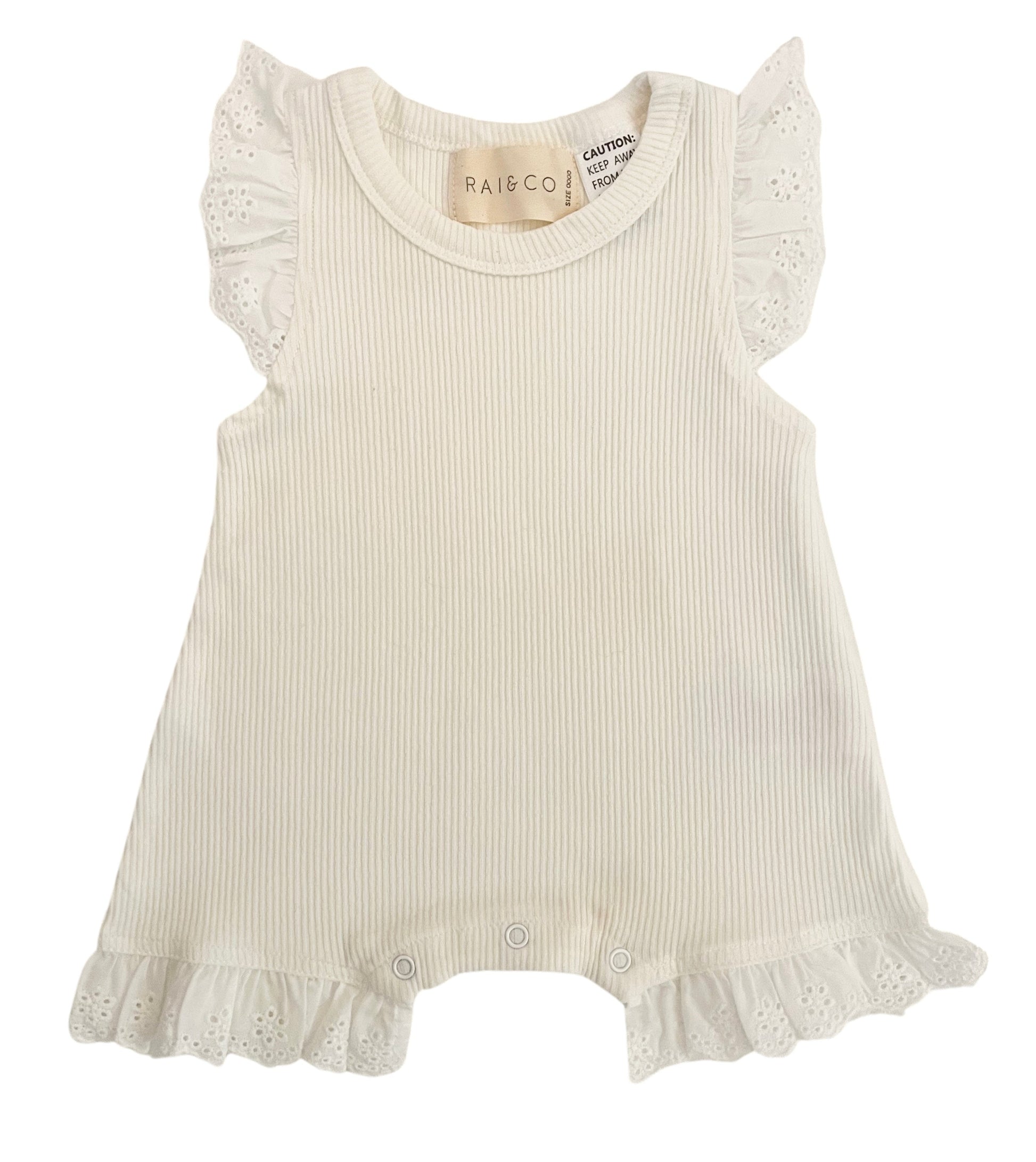 Mini Ribbed Lace Frill Romper in White on a white background