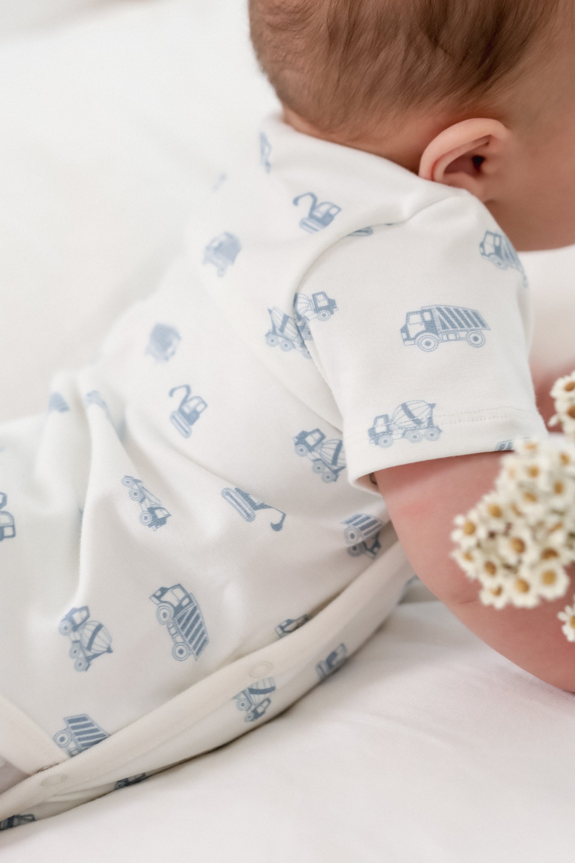 Baby wearing a Truck Kimonos in Blue Truck 